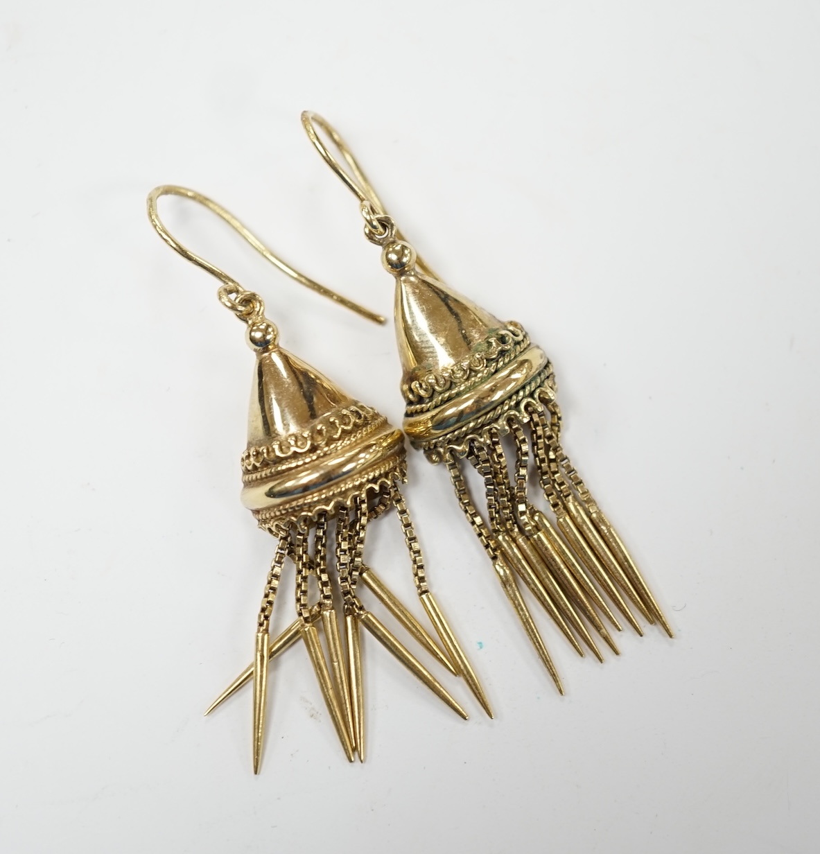A pair of Victorian style yellow metal tassel drop earrings, 43mm, 10.3 grams. Good condition.